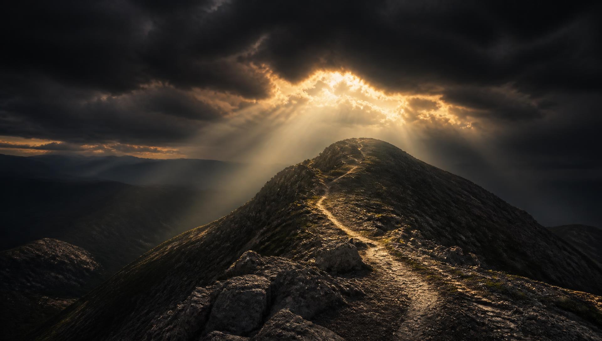 Golden light breaking through storm clouds over a narrow mountain path